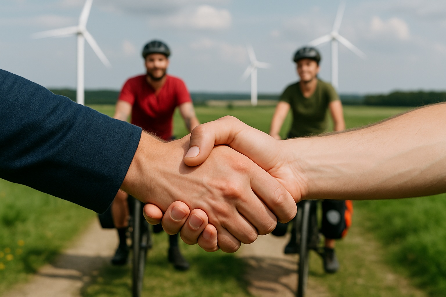 Handschlag-Abmachung vor Radfahrern