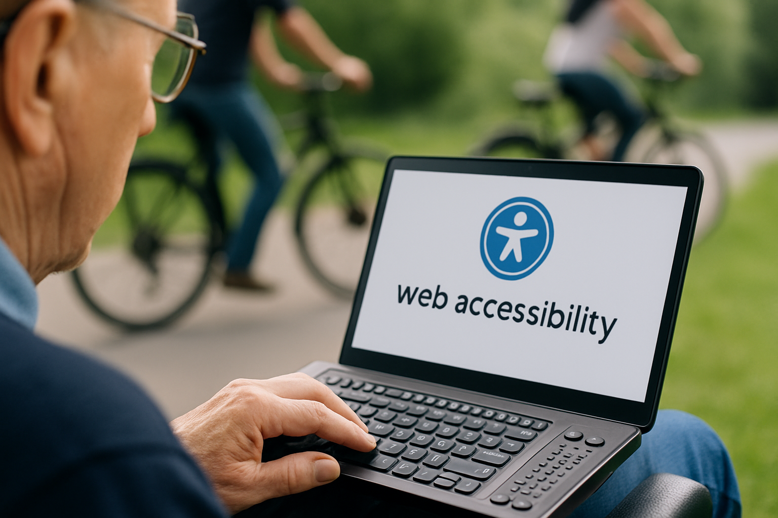 Accessibility symbol and cyclists in the back