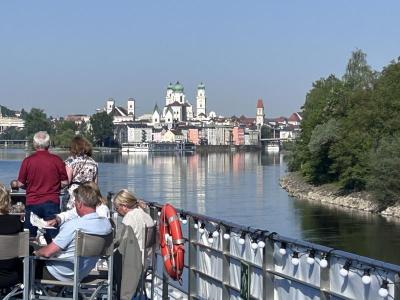 Passau skyline-view from the sundeck with people sitting