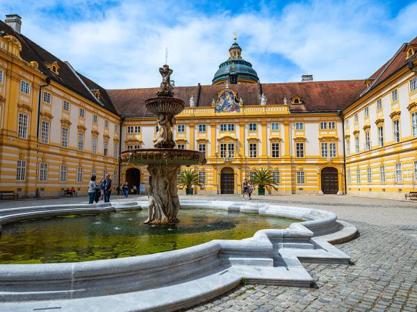 Melk Abbey with fountain in courtyard
