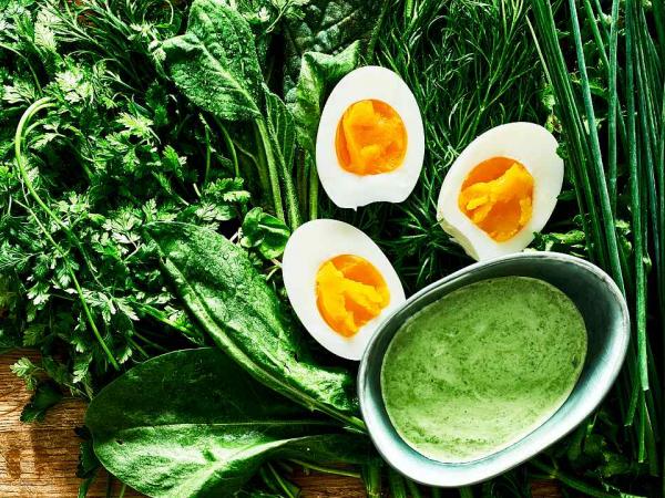 typical green herb sauce with boiled egg