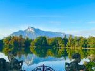 Mountain scenery with blue sky and lake