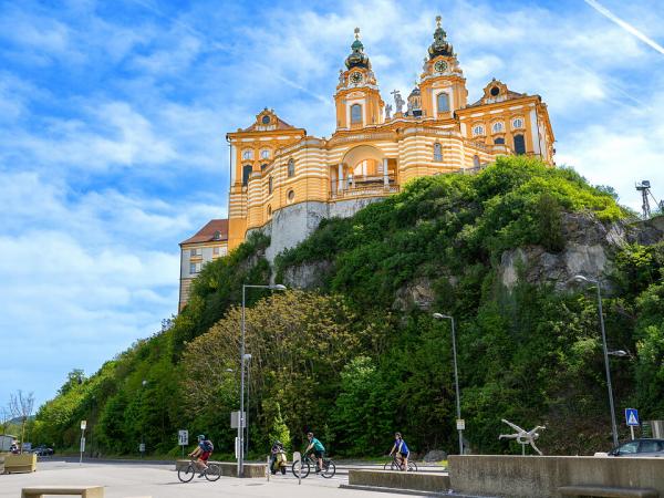 Melk Abbey with Danube Cycling Path and cyclists