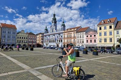 Budweis Main square with cyclist