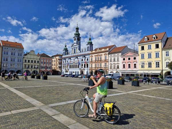 Budweis Main square with cyclist