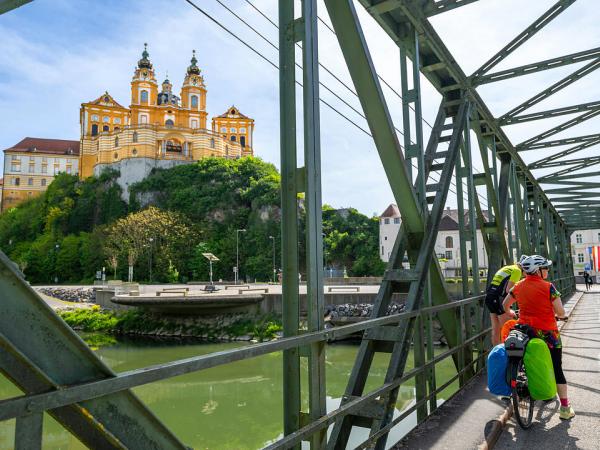 Bridge to Melk with Abbey and cyclists