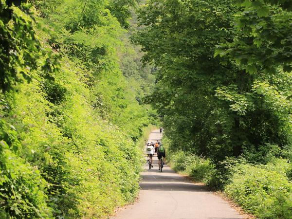 Radfahrergruppe auf dem Ruhrtalradweg beim Hengsteysee