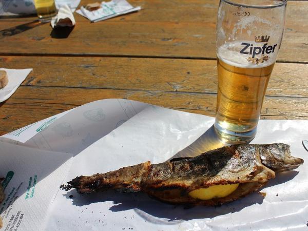grilled Danube fish on a spit
