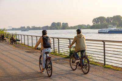 Cyclists on the Rhine in Duesseldorf