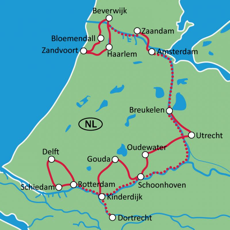 Map South of Holland by bike + boat