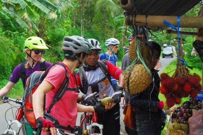 Cyclists buying fresh fuits