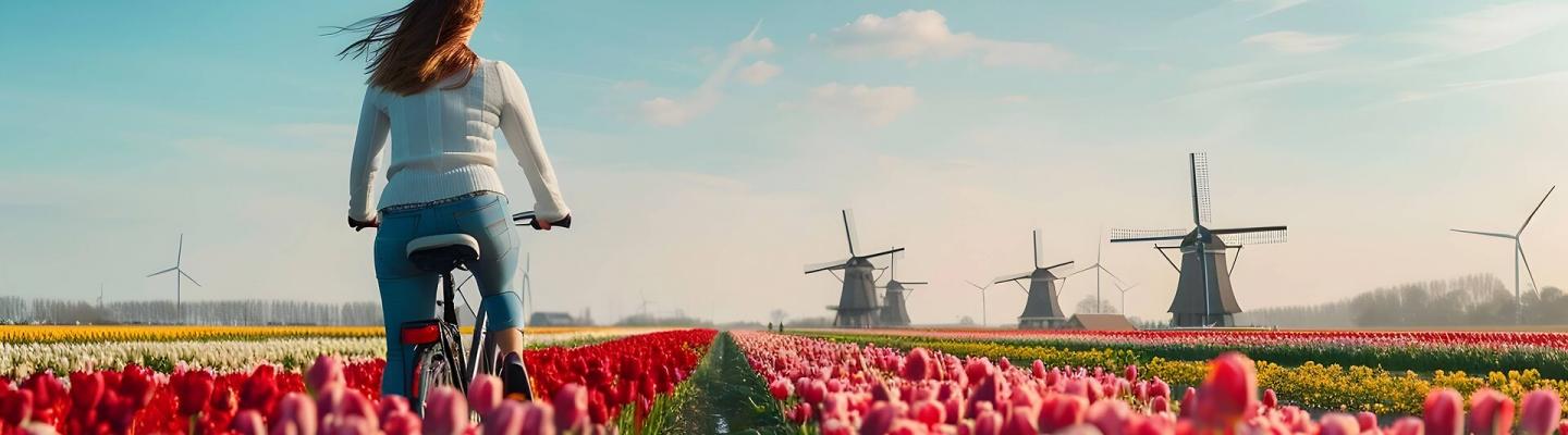 Cyclist amidst a tulip field near the windmills of Kinderdijk