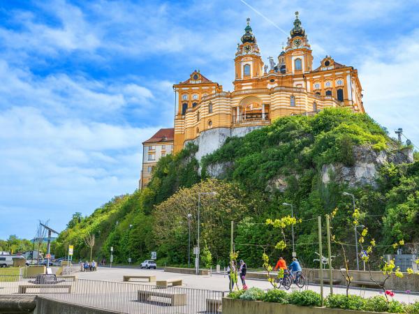 Melk Abbey with Danube Cycling Path and cyclists