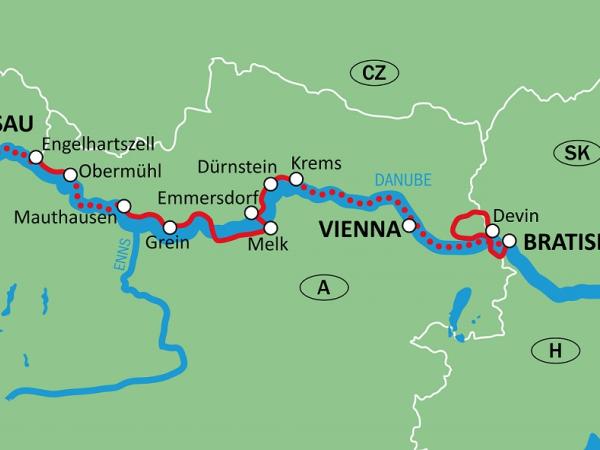 Map Danube by bike and barge - Passau-Vienna-Passau