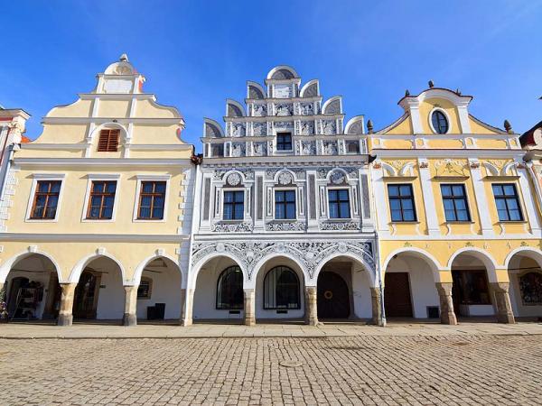 Historical colorful houses in the town center of Telc in Czech Republic