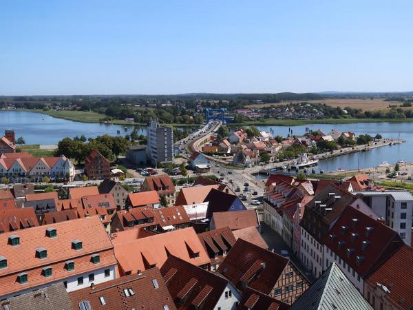 View over Wolgast, bridge and Usedom island