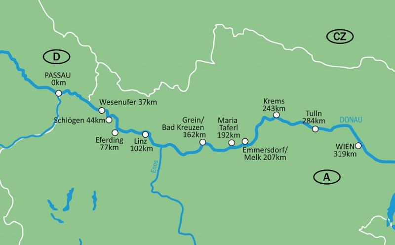 map Danube Cycle Path  la Carte / Passau - Vienna - Category A